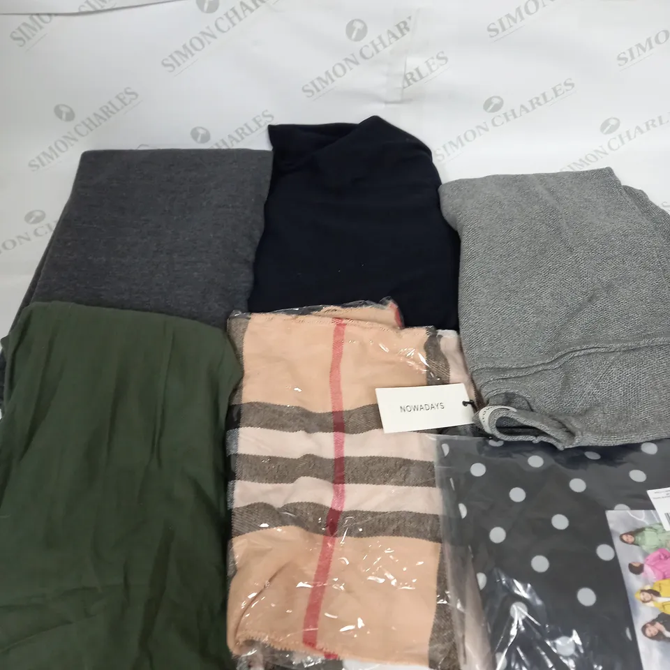 LARGE BOX OF ASSORTED CLOTHING ITEMS IN VARIOUS COLOURS AND SIZES INCLUDING TROUSERS , TOPS AND JUMPERS