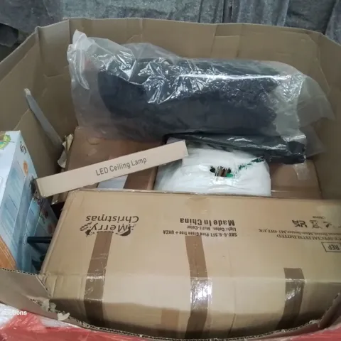 PALLET CONTAINING VARIOUS ASSORTED BOXED HOUSEHOLD ITEMS TO INCLUDE: TRAMPOLINE TURTLE,  LED CEILING LAMP, CHRISTMAS TREE AND LOTS MORE UNMARKED BOXED ITEMS 