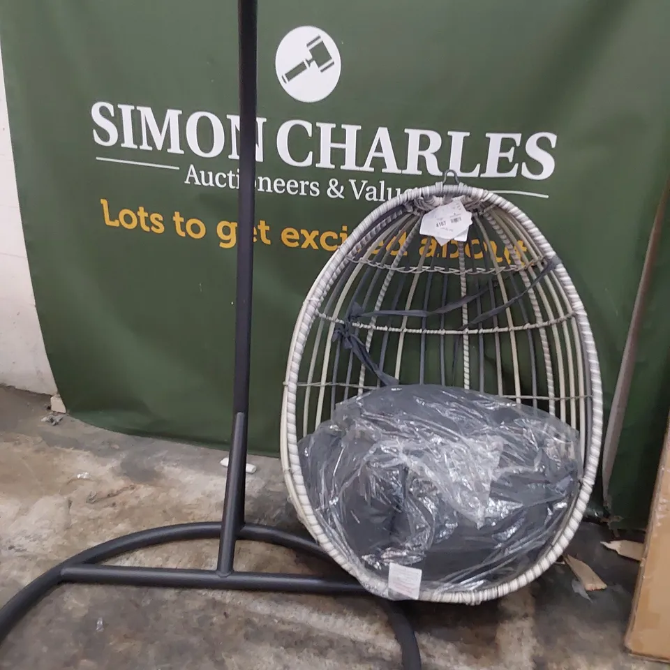DESIGNER LIGHT GREY HANGING EGG CHAIR WITH CUSHIONS & STAND