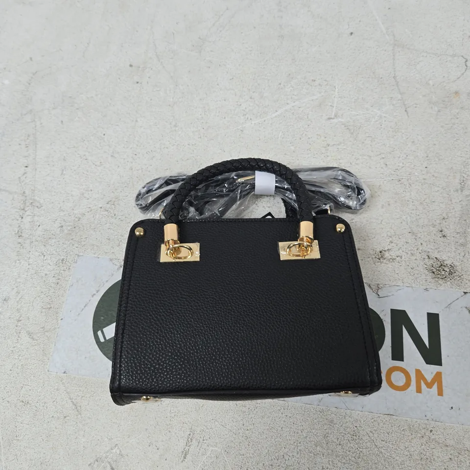 BEBE ALEXANDRA SMALL SATCHEL – BLACK TEXTURED HANDBAG WITH GOLD HARDWARE