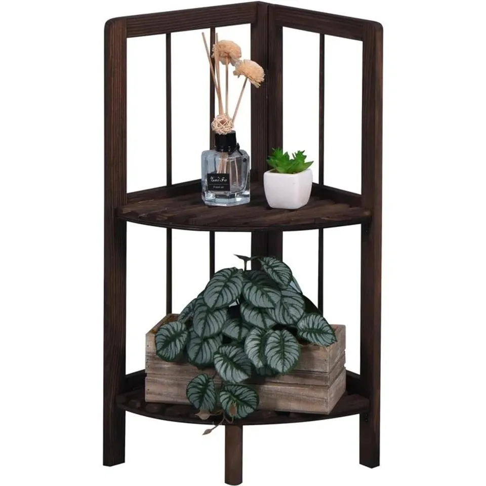 BOXED MANTRARAJ 2 TIER WOODEN CORNER SHELF FREE-STANDING FOLDABLE MULTIPURPOSE - DARK BROWN (1 BOX)