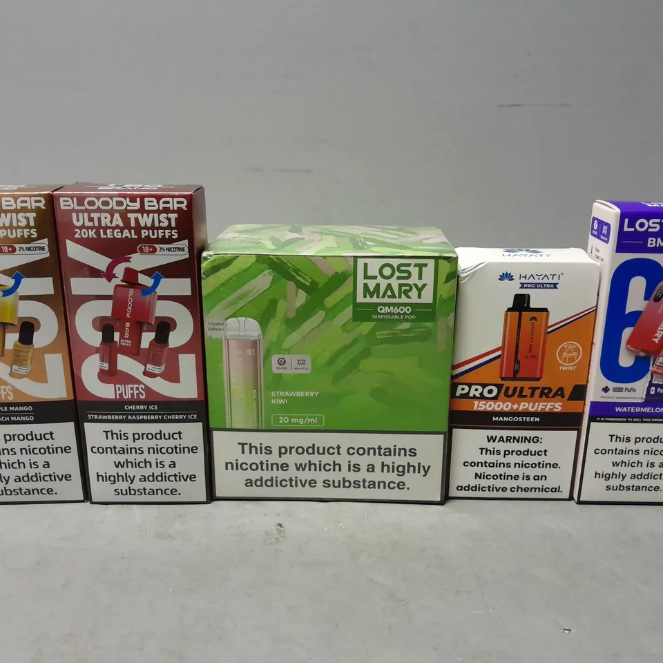 APPROXIMATELY 15 ASSORTED E-CIGARETTE PRODUCTS TO INCLUDE - LOST MARY , TBO BRAND , HAYATI 