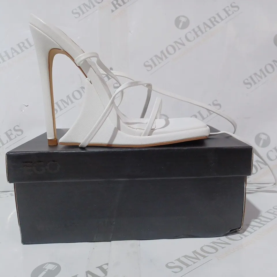 BOXED PAIR OF EGO SUPERLIT OPEN TOE HIGH HEEL SANDALS IN WHITE UK SIZE 4