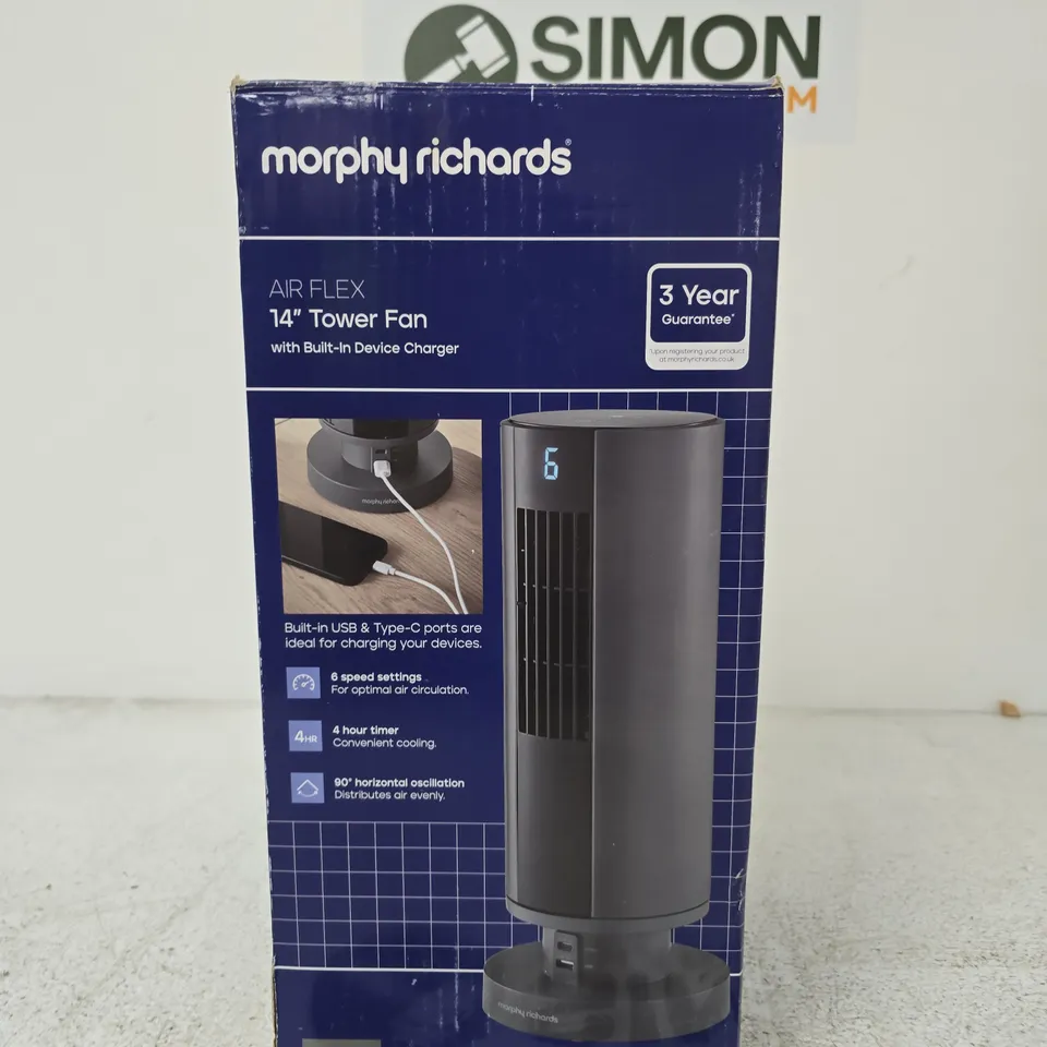 MORPHY RICHARDS AIR FLEX 14" TOWER FAN WITH BUILT-IN USB CHARGER – GREY
