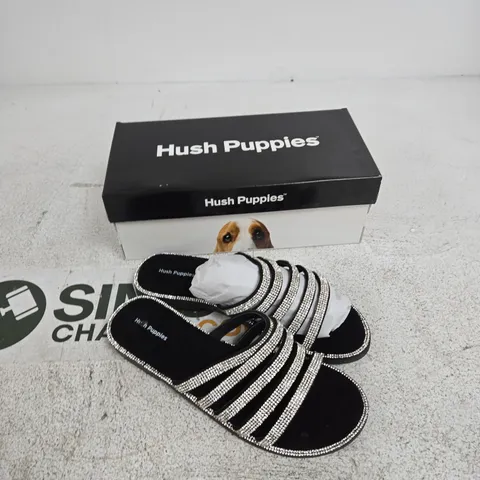 UK 6 HUSH PUPPIES PARIS SLIDE WOMEN'S SANDALS β BLACK & SILVER STRAPS