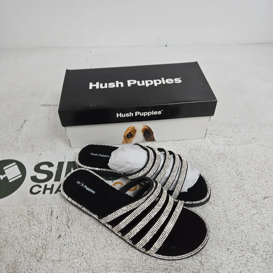 UK 6 HUSH PUPPIES PARIS SLIDE WOMEN'S SANDALS – BLACK & SILVER STRAPS