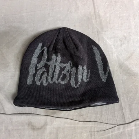 PATTERN UP LONDON BLACK SILK LINED KNIT BEANIE WITH GREY SCRIPT LOGO
