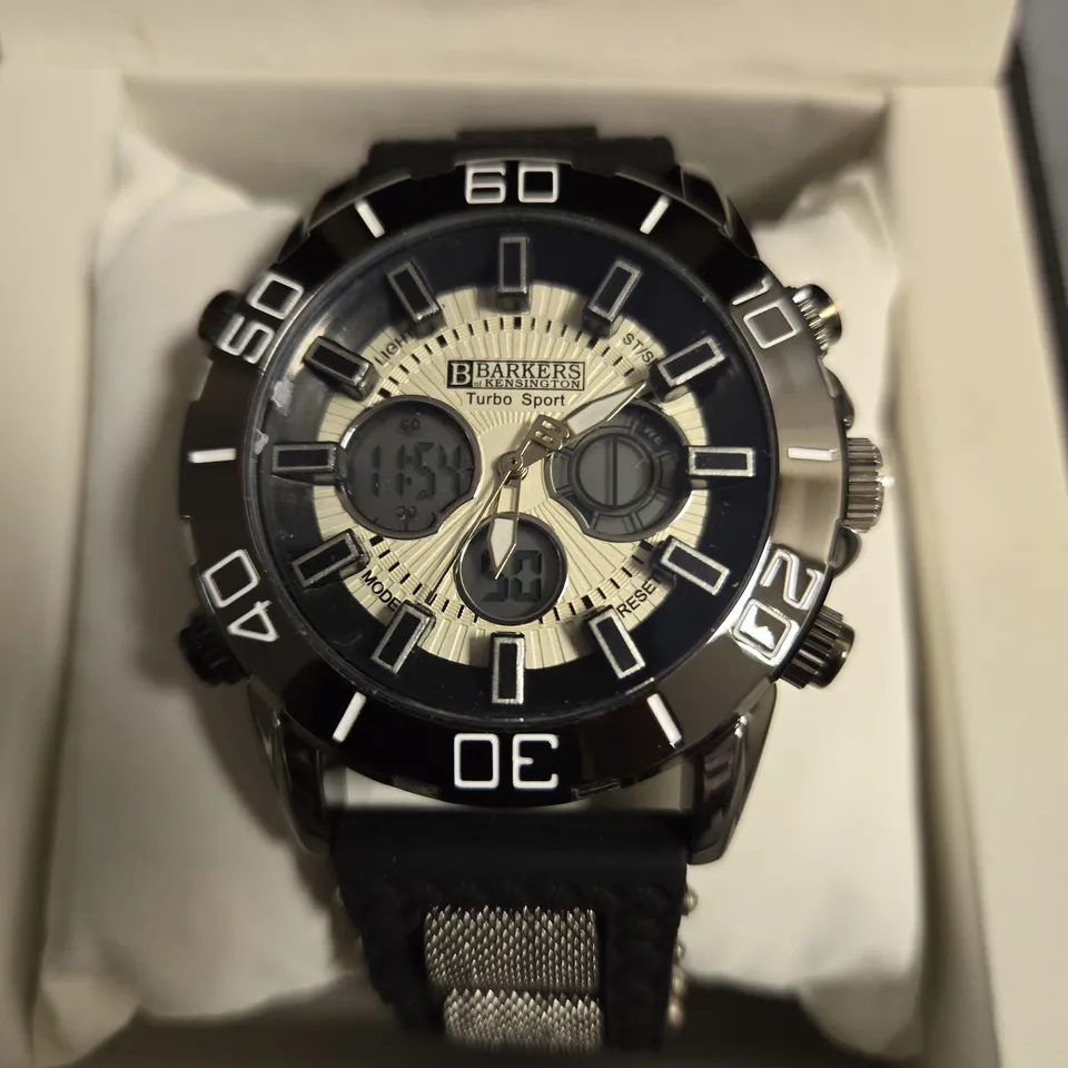 BOXED BARKERS OF KENSINGTON TURBO SPORT WATCH IN BLACK