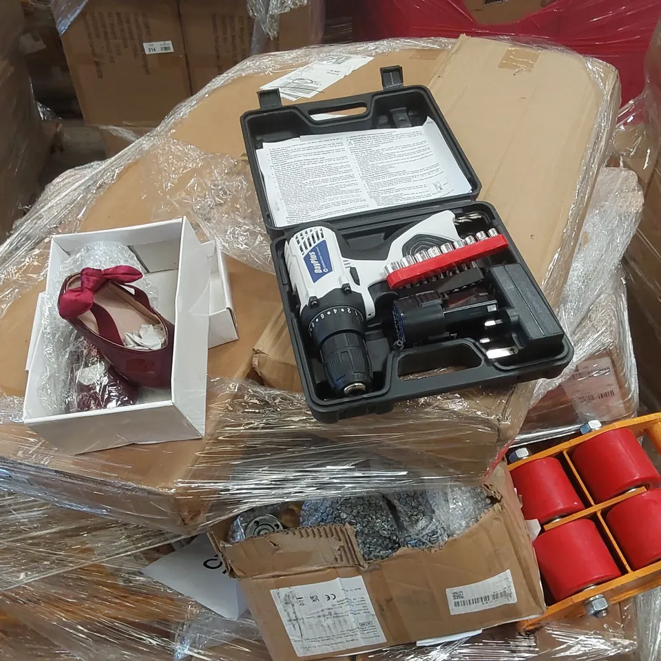 PALLET CONTAINING VARIOUS ASSORTED BOXED ITEMS TO INCLUDE,  TANK TRUCK JACK'S, CORDLESS DRILL SET, BABY'S SHOES, CAR PARTS ETC.