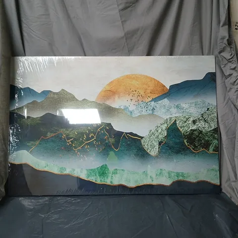 LANDSCAPE ART PRINT - MOUNTAINS, SUN AND ABSTRACT DESIGN 