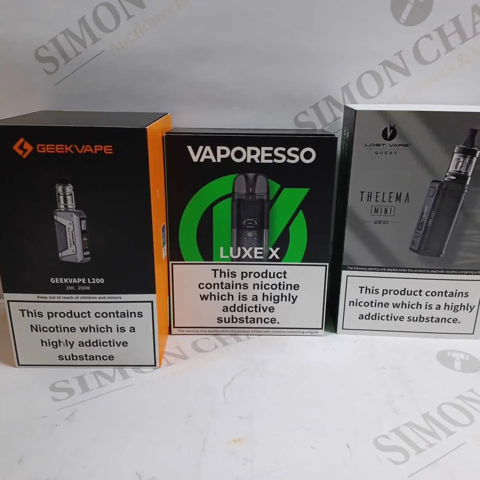 LOT OF APPROXIMATELY 25 ASSORTED E-CIGARETTES AND LIQUIDS TO INCLUDE GEEKVAPE L200, VAPORESSO LUXE X, LOST VAPE QUEST THELEMA MINI, ETC
