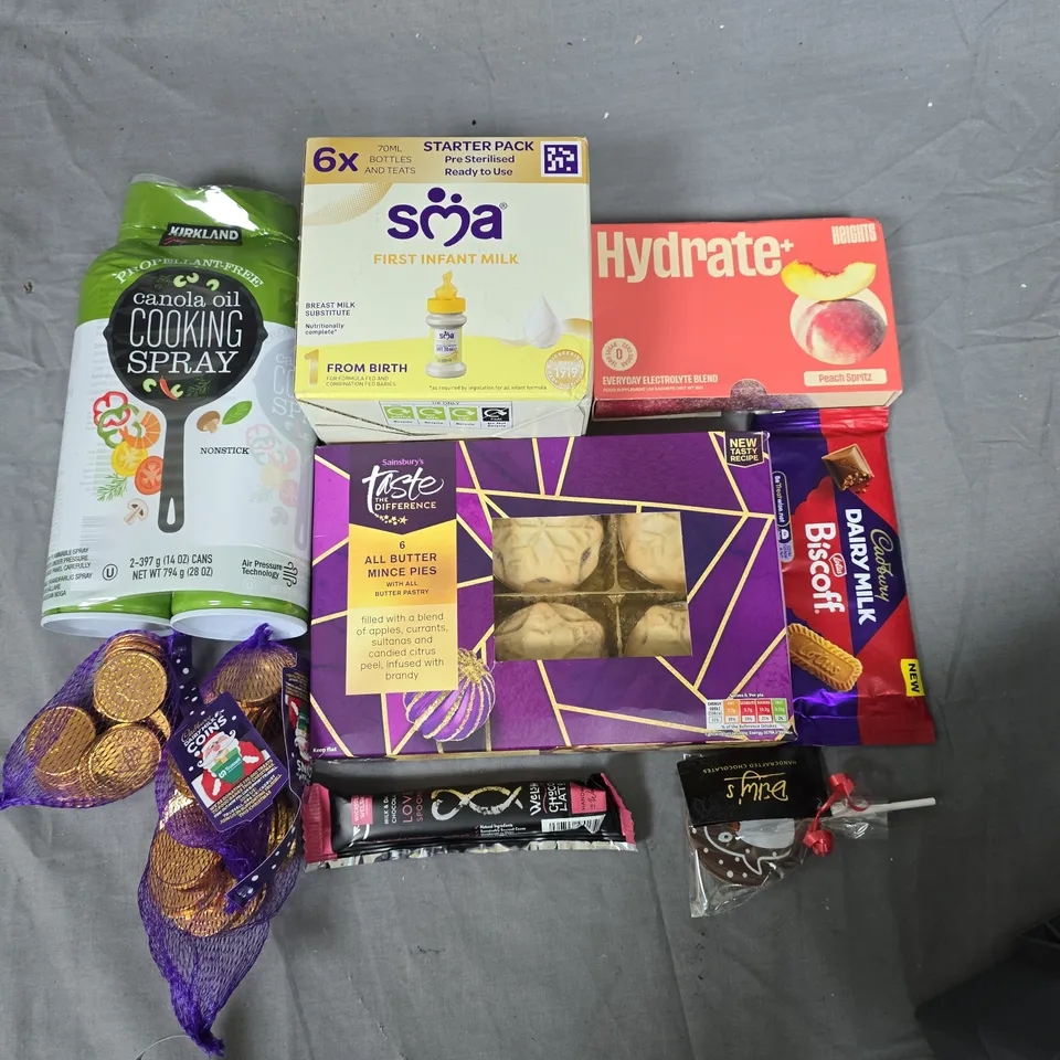 LOT OF 12 ASSORTED FOOD ITEMS TO INCLUDE PURE COCONUTR OIL, SMA FIRST INFANT MILK AND CHOCOLATE COINS