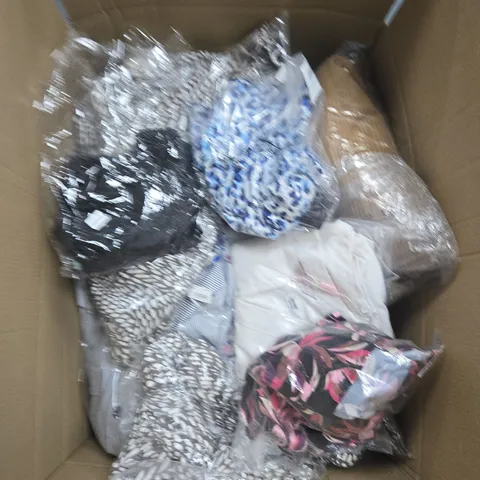 LARGE BOX OF APPROX 20 ASSORTED CLOTHING ITEMS IN VARIOUS STYLES , SIZES AND COLORS