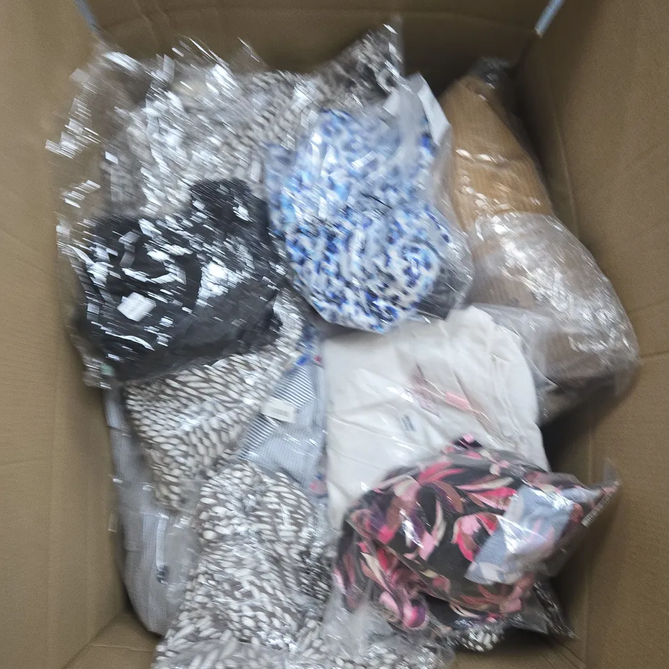 LARGE BOX OF APPROX 20 ASSORTED CLOTHING ITEMS IN VARIOUS STYLES , SIZES AND COLORS