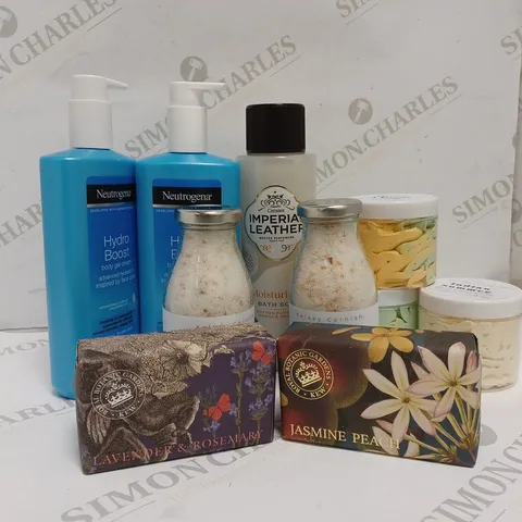 APPROXIMATELY 10 ASSORTED HEALTH AND BEAUTY PRODUCTS TO INCLUDE KELLY CORNISH BATH SALTS, NEUTROGENA HYDRO BOOST BODY GEL CREAM, ROYAL BOTANIC GARDENS JASMINE PEACH LUXURY SHEA BUTTER SOAP 
