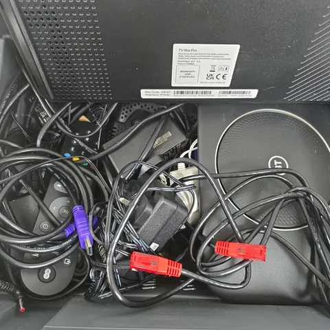 APPROXIMATELY 12 ASSORTED HOUSEHOLD ITEMS TO INCLUDE ROUTERS, CABLES, REMOTES, ETC