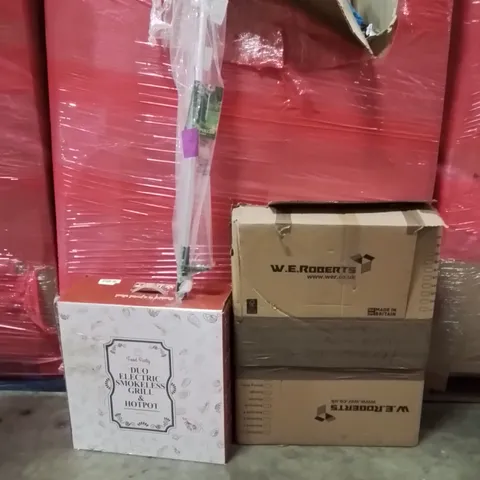 PALLET OF ASSORTED HOUSEHOLD GOODS AND PRODUCTS TO INCLUDE; DUO ELECTRIC SMOKELESS GRILL,WEED PULLER,WHITE CABINET