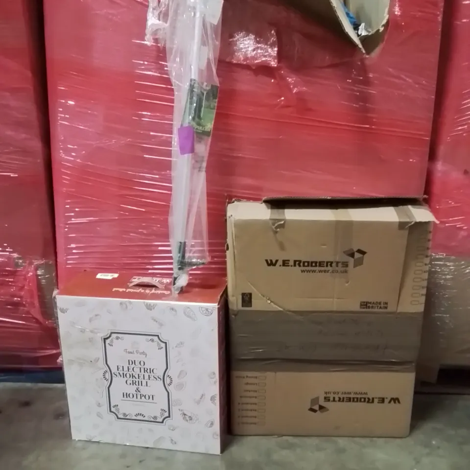 PALLET OF ASSORTED HOUSEHOLD GOODS AND PRODUCTS TO INCLUDE; DUO ELECTRIC SMOKELESS GRILL,WEED PULLER,WHITE CABINET 