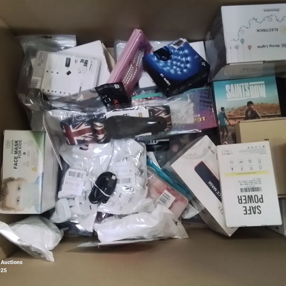 BOX CONTAINING LARGE AMOUNT OF MIXED BOXED ELECTRONIC ITEMS PHONE ACCESSORIES ETC.