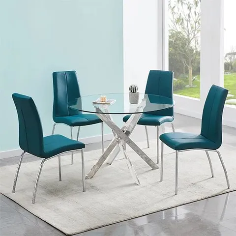 BRAND NEW BOXED SET OF 4 OPAL DINING CHAIRS IN TEAL FAUX LEATHER WITH CHROME BASE (1 BOX)