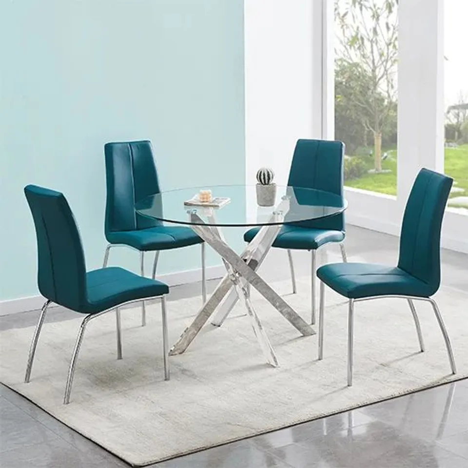 BRAND NEW BOXED SET OF 4 OPAL DINING CHAIRS IN TEAL FAUX LEATHER WITH CHROME BASE (1 BOX)