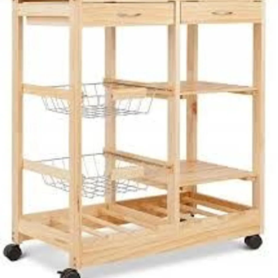 BOXED COSTWAY NATURAL WOODEN ROLLING KITCHEN STORAGE CART