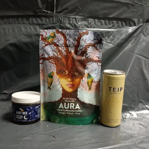 APPROXIMATELY 10 ASSORTED FOOD AND DRINK ITEMS TO INCLUDE TRIP LIGHTLY SPARKLING DRINK, DECAF COFFEE ALTERNATIVE, ETC