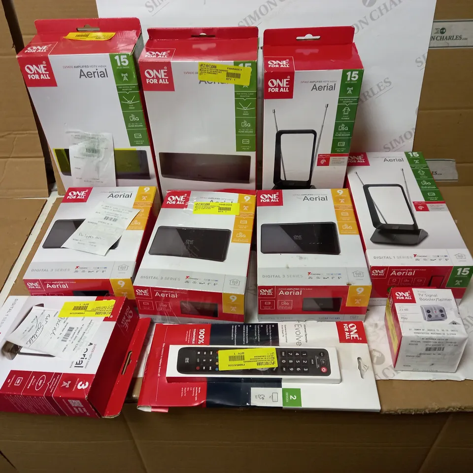 LOT OF APPROX. 10 ASSORTED ONE-FOR-ALL PRODUCTS TO INCLUDE AERIALS, TV REMOTE AND SIGNAL BOOSTER