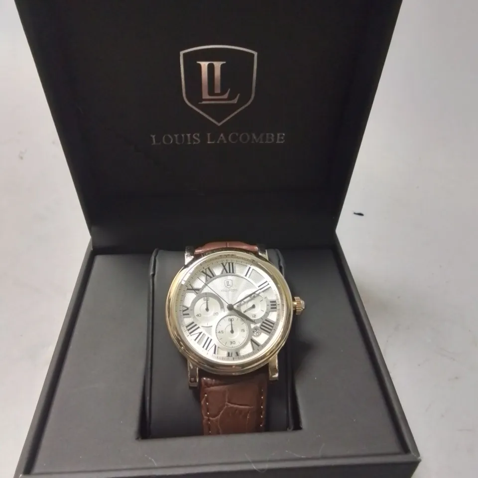 LOUIS LACOMBE STAINLESS STEEL GENTS WATCH WITH TEXTURED DIAL AND BROWN LEATHER STRAP IN GIFT BOX