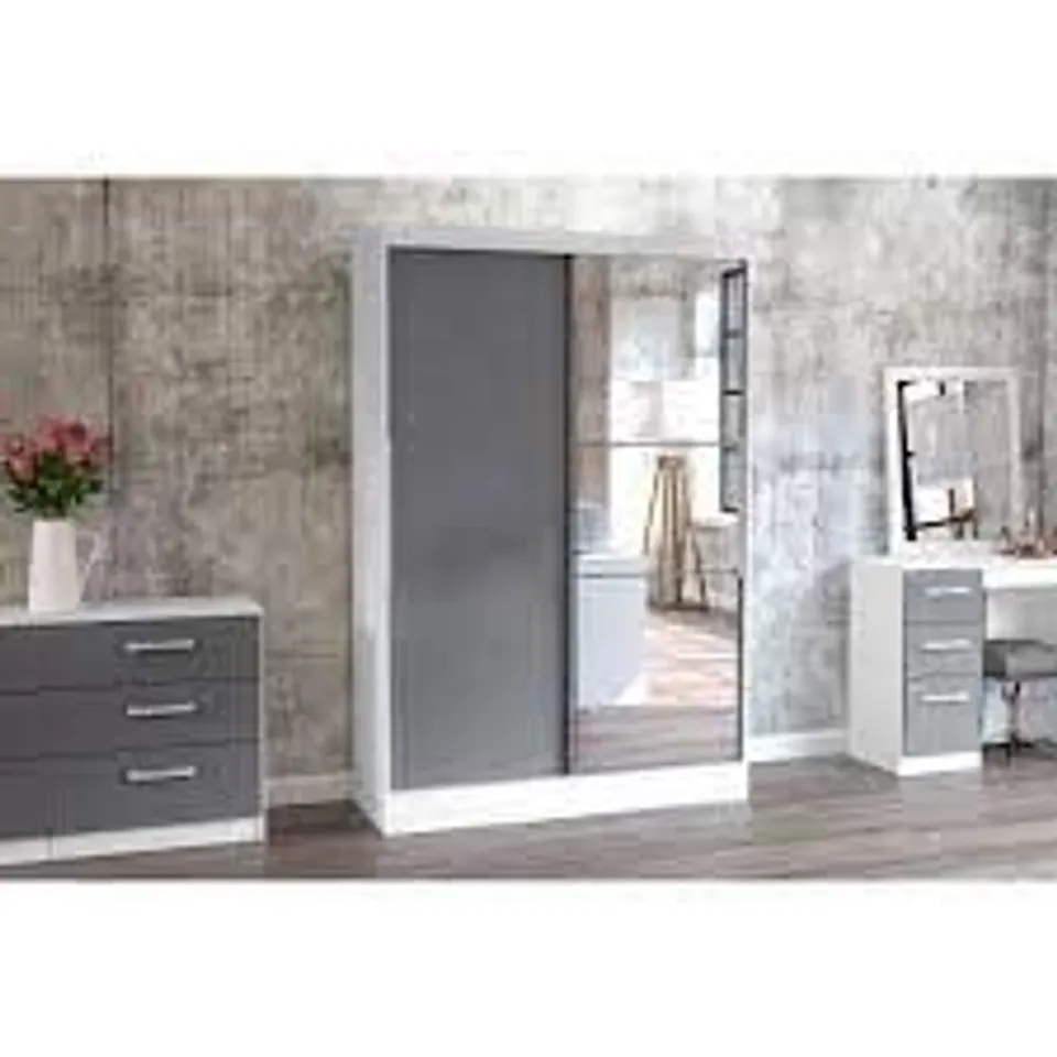 BOXED LYNX 2 DOOR SLIDING WARDROBE WITH MIRROR WHITE & GREY