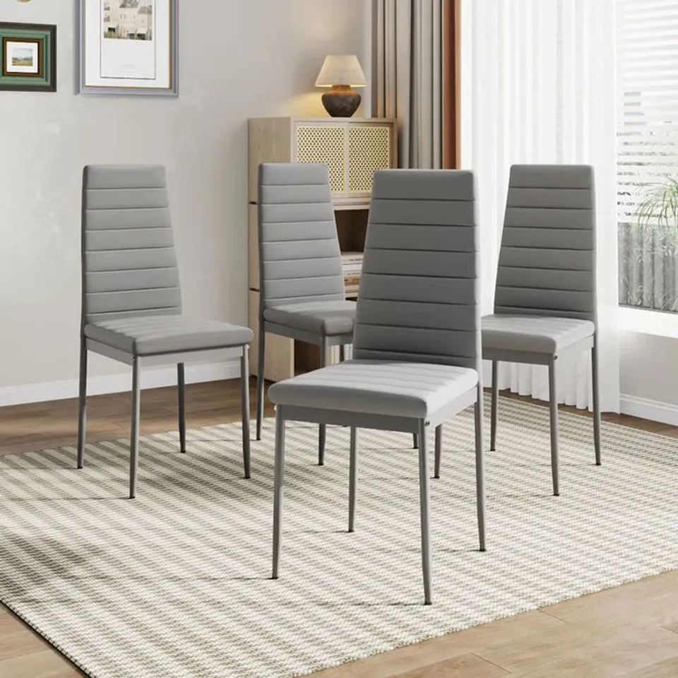 BOXED SET OF 4 MODERN FAUX LEATHER ARMLESS HIGH BACK DINING CHAIRS - GREY (1 BOX)