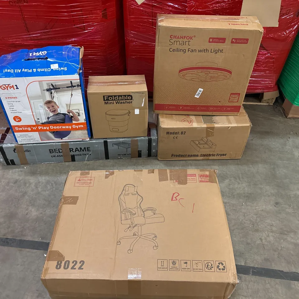 PALLET OF ASSORTED CONSUMER PRODUCTS TO INCLUDE: GAMING OFFICE CHAIR, ELECTRIC FRYER, SMART CEILING FAN WITH LIGHT, BED FRAME, FOLDABLE MINI WASHER, SWING GYM/PLAY SET ECT