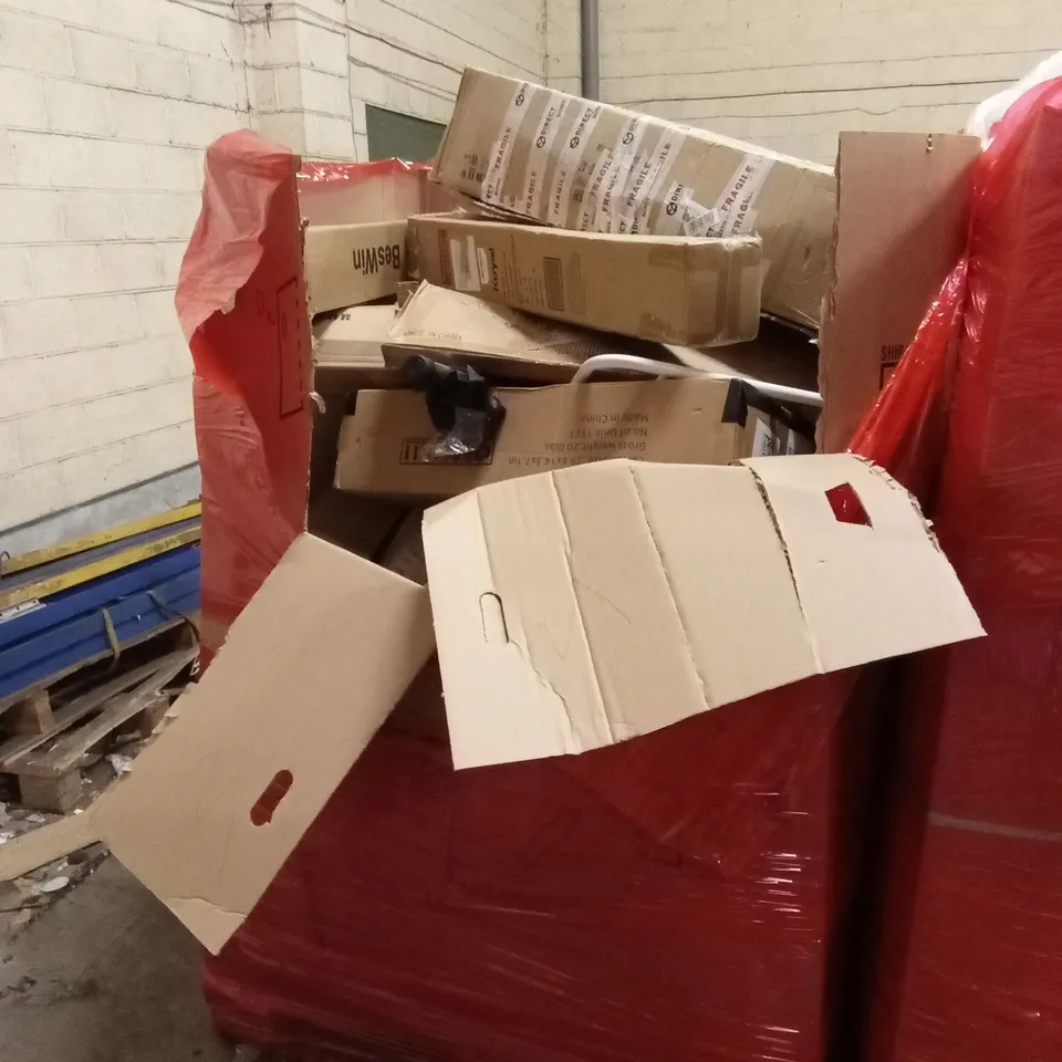 PALLET OF ASSORTED HOUSEHOLD GOODS AND PRODUCTS TO INCLUDE; CHAIR MATS, BOXED FURNITURE ETC