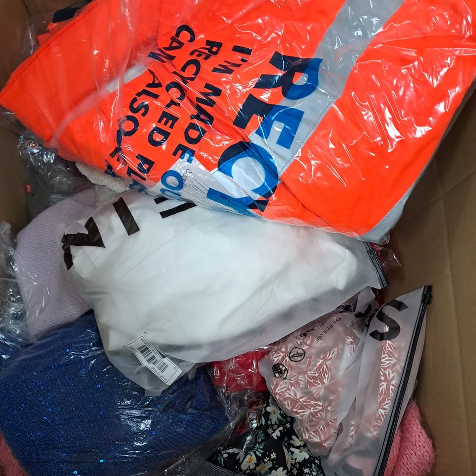 BOX OF ASSORTED CLOTHING ITEMS TOO INCLUDE JUMPERS, SHIRTS AND TROUSERS IN VARIOUS SIZES AND COLOURS   