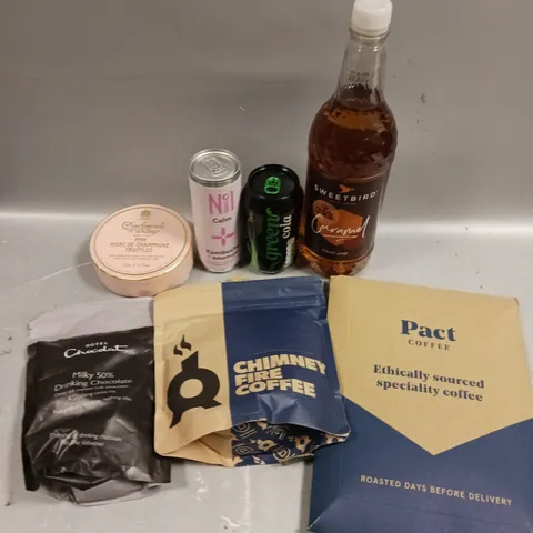 APPROXIMATELY 10 ASSORTED FOOD/DRINK PRODUCTS TO INCLUDE PACT COFFEE, GREEN COLA, HOTEL CHOCOLAT DRINKING CHOCOLATE ETC