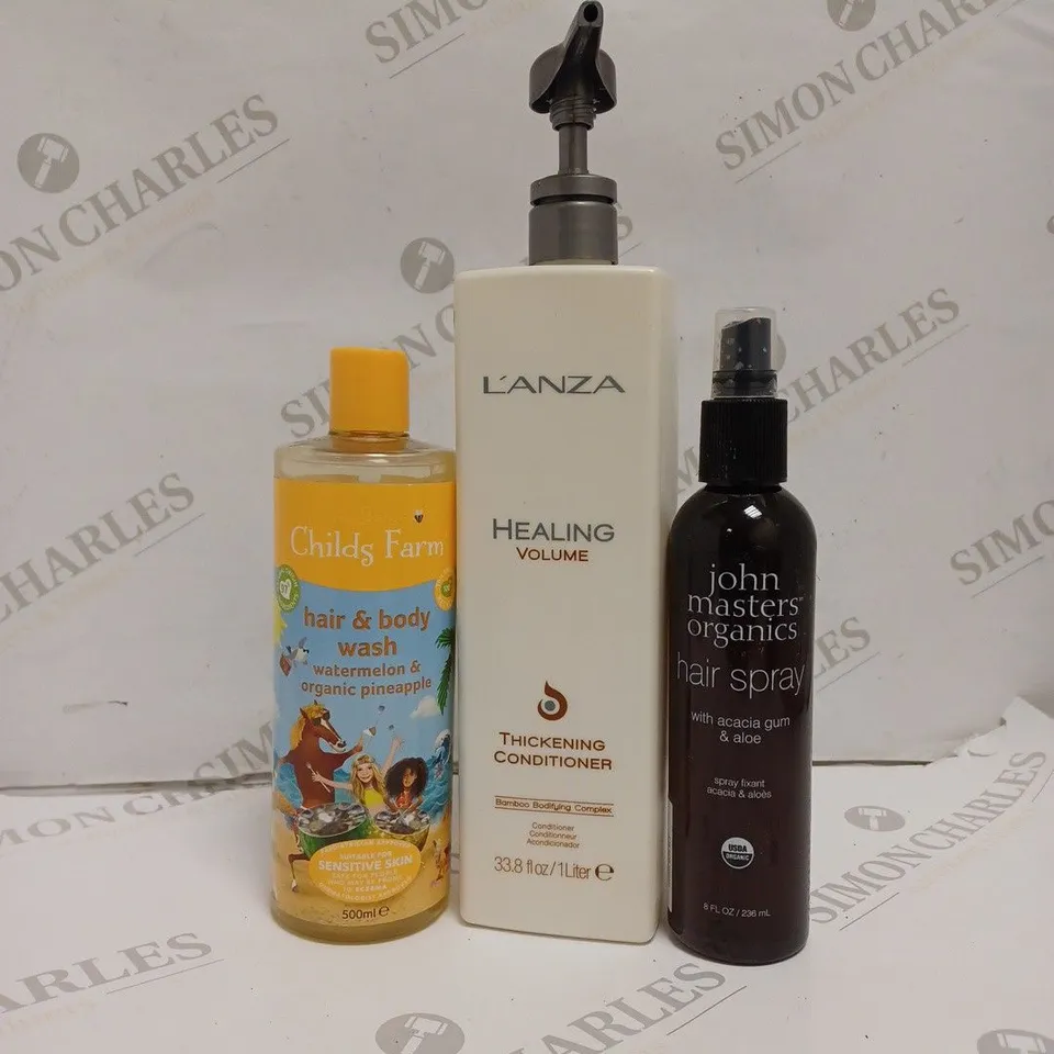 APPROXIMATELY 10 ASSORTED HEALTH AND BEAUTY PRODUCTS TO INCLUDE LANZA HEALING VOLUME THICKENING CONDITIONER, JOHN MASTERS ORGANICS HAIR SPRAY, CHILDS FARM HAIR AND BODY WASH