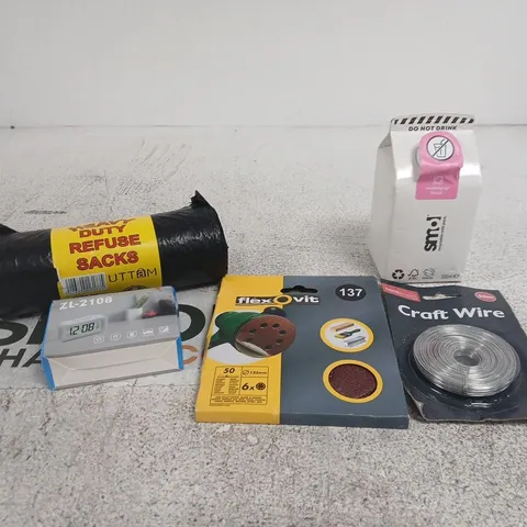 TOTE OF APPROXIMATELY 20 ASSORTED ITEMS TO INCLUDE SMOL, CRAFT WIRE, REFUSE SACKS, MINI CLOCK ETC