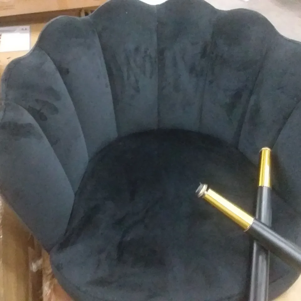 BOXED SHELL CHAIRS IN VELVET BLACK WITH GOLD AND BLACK LEGS X2 - LITTLE BIT OF DAMAGE ON THE LEGS 
