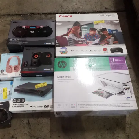 PALLET CONTAINING ASSORTED ELECTRICAL PRODUCTS INCLUDING CANON PIXMA TS3350 PRINTER, HP DESKJET 2810E PRINTER, BLUETOOTH CD BOOMBOX, HDMI DVD PLAYER, WIRED HEADPHONES & WIRELESS CHARGING PAD
