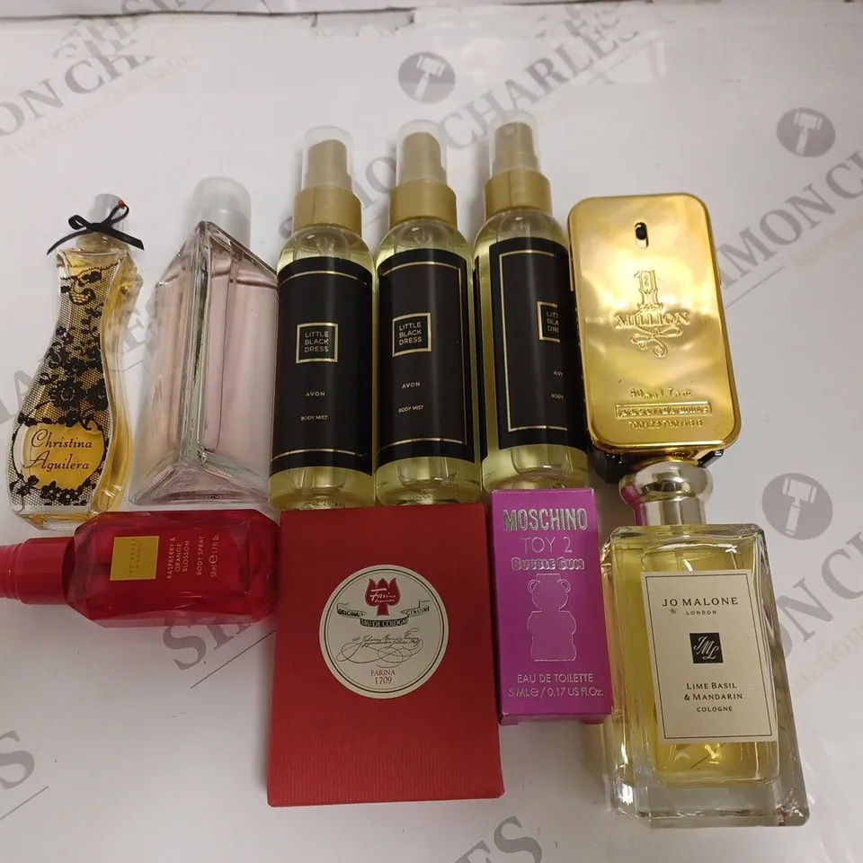 LOT OF 10 ASSORTED BOTTLES OF FRAGRENCES TO INCLUDE JO MALONE AND 1 MILLION