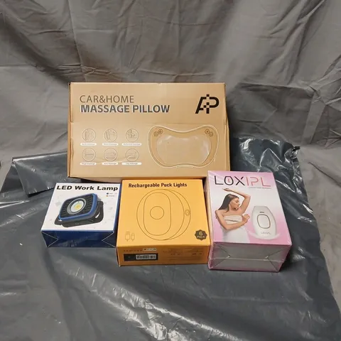 BOX OF APPROXIMATELY 12 ASSORTED ELECTRICAL ITEMS INCLUDING CAR AND HOME MASSAGE PILLOW, LED WORK LAMP, RECHARGEABLE PUCK LIGHTS, LUX IPL LASER HAIR REMOVAL ETC