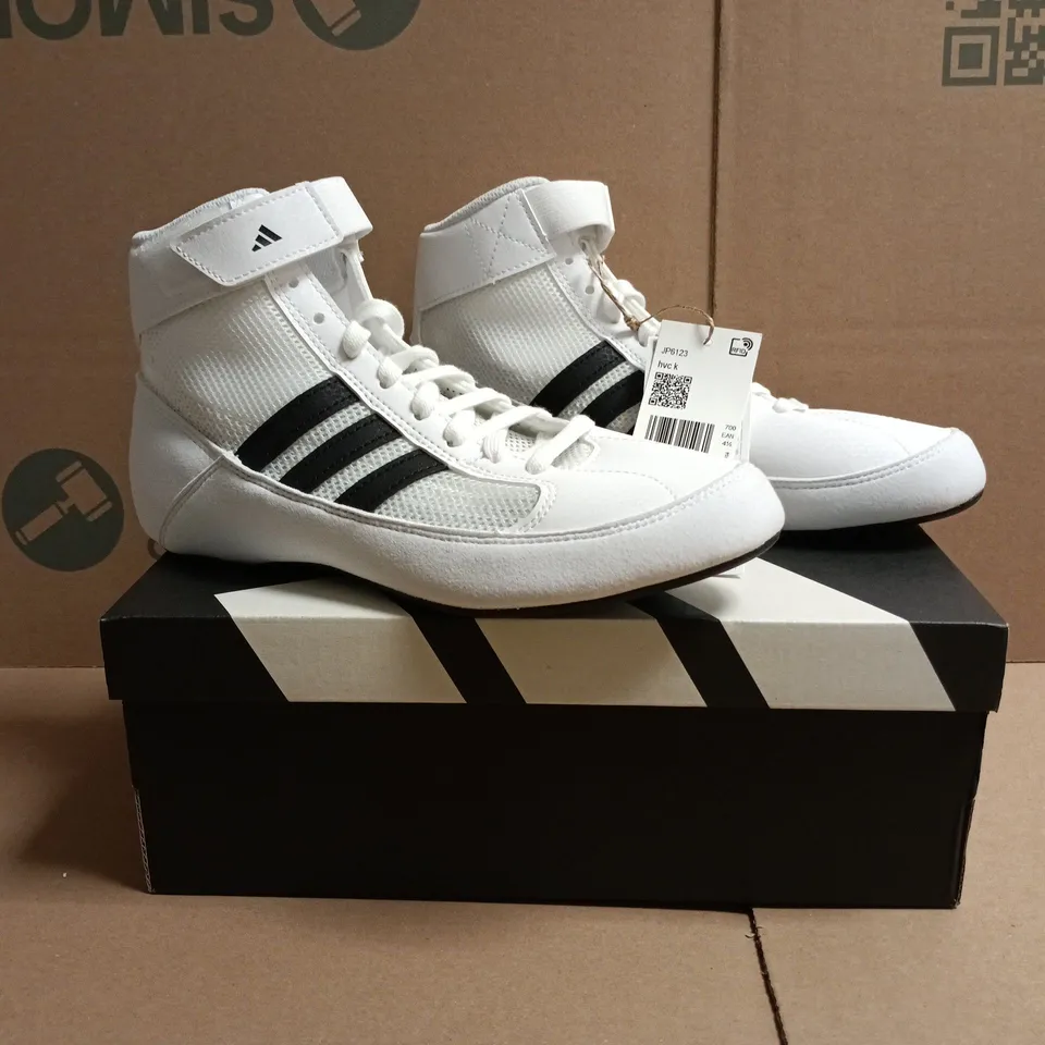 BOXED PAIR OF ADIDAS HVC KID'S SHOES IN WHITE/BLACK SIZE UK 4.5