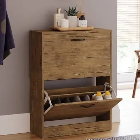 BOXED VIDA 2 DRAWER SHOE CABINET - ANTIQUE BROWN (1 BOX)