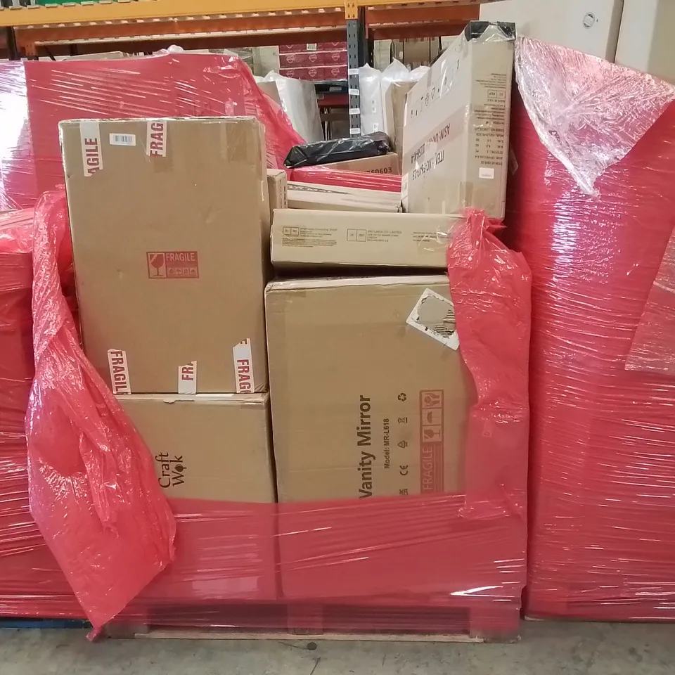 PALLET CONTAINING ASSORTED ITEMS INCLUDING: VANITY MIRROR, ROLLING CRATE, STONE BATH MAT, CRAFT WOK ECT