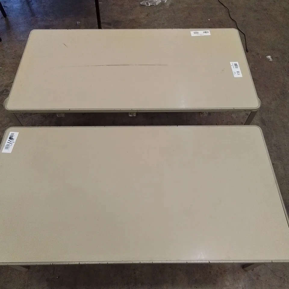 2X SMALL WOODEN TABLES WITH METAL LEGS 