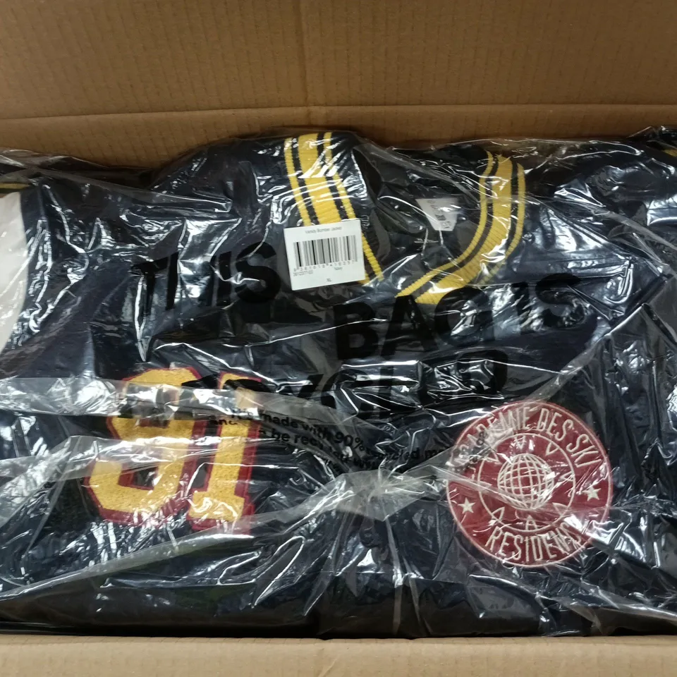 BOX OF APPROXIMATELY 4 ASSORTED VARSITY BOMBER JACKETS IN SIZES XL