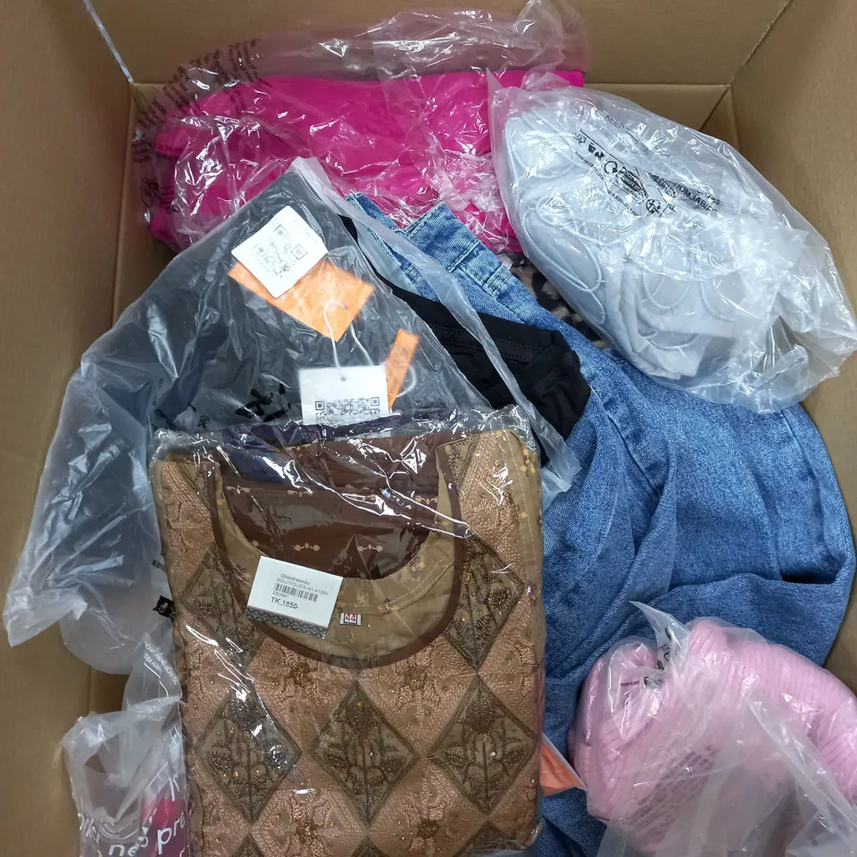 BOX OF ASSORTED CLOTHING ITEMS TOO INCLUDE JUMPERS, SHIRTS AND TROUSERS IN VARIOUS SIZES AND COLOURS   