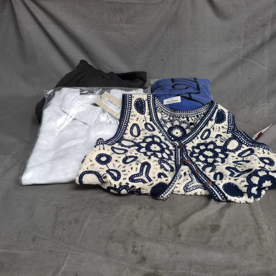 BOX OF APPROXIMATELY 20 ASSORTED CLOTHING ITEMS INCLUDING KNITTED BLUE/WHITE TANK TOP, GREY JUMPER, DARK GREY JOGGING BOTTOMS AND BLUE ZIP TOP