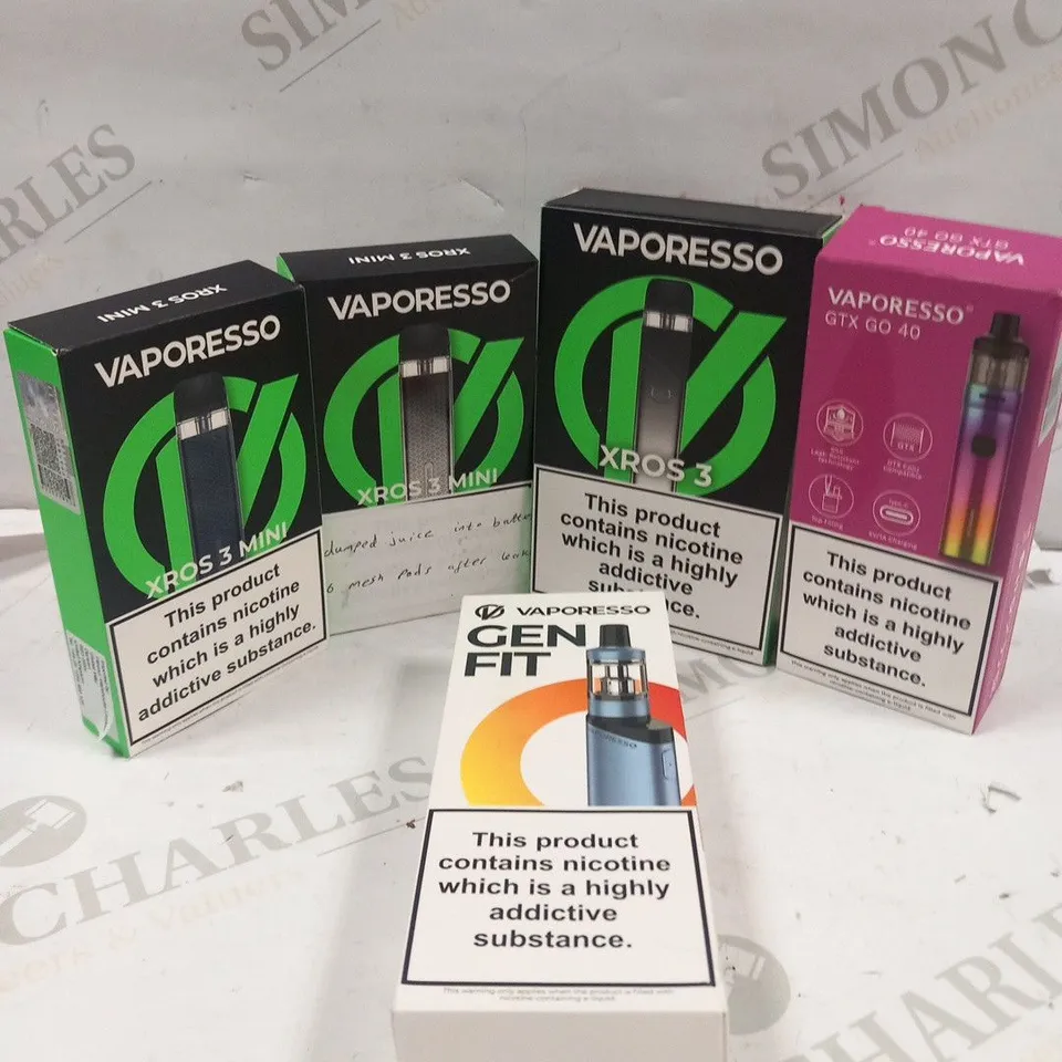 5 ASSORTED VAPORESSO VAPING PRODUCTS TO INCLUDE; GTX GO 40, GEN FIT, XROS 3 AND XROS 3 MINI