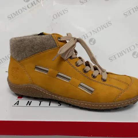 BOXED RIEKER LACE ANKLE BOOTS, YELLOW - SIZE 6
